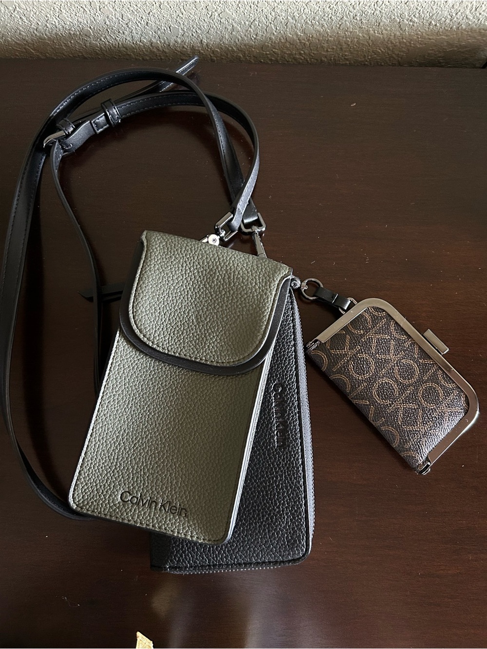 Calvin Klein Olive Green & Black Crossbody Phone Bag with Coach Key Pouch